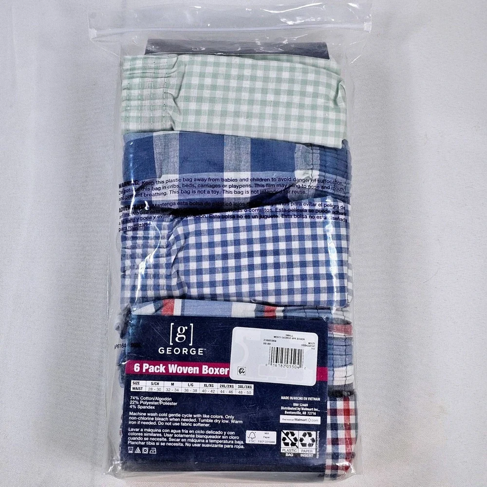 George Mens 5 Pack Woven Boxers Small 28-30 Plaid Gingham Antimicrobial Stretch